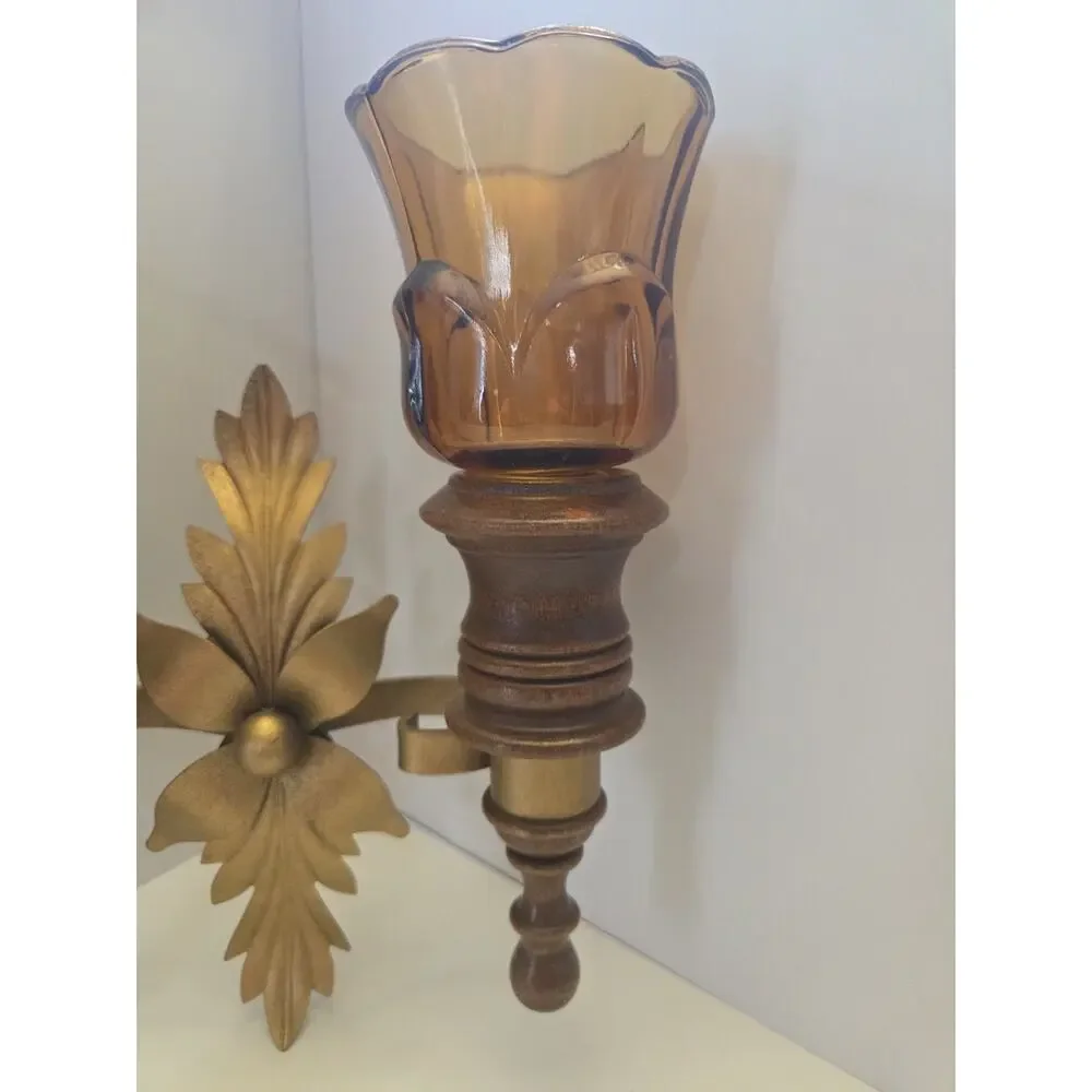 Vintage Homco Double Wall Sconce - Wood, Brass Finish & Amber Glass Sconces
